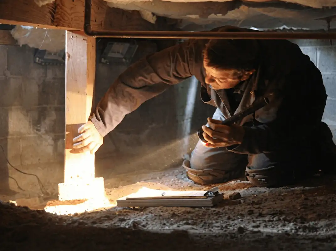 A professional inspecting wooden beams under the floor of a structure in Duluth, MN